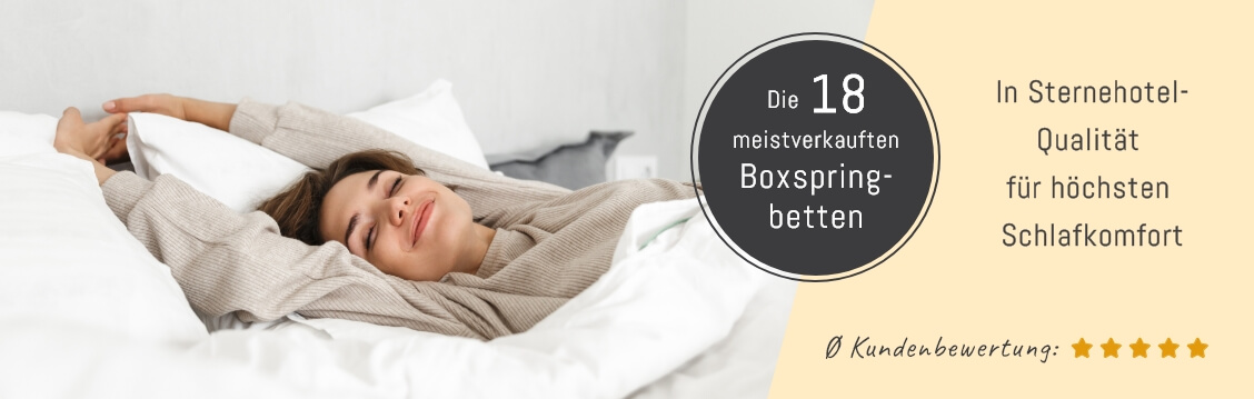 Boxspringbett Bestseller Frau entspannt sich auf einem Boxspringbett, Text hebt 18 meistverkaufte Boxspringbetten in Sternehotel-Qualität für höchsten Schlafkomfort hervor