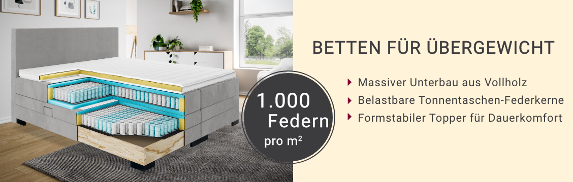 Querschnitt eines Bettes für Übergewichtige mit massivem Vollholz-Unterbau, belastbaren Tonnentaschen-Federkernen und formstabilem Topper für Dauerkomfort