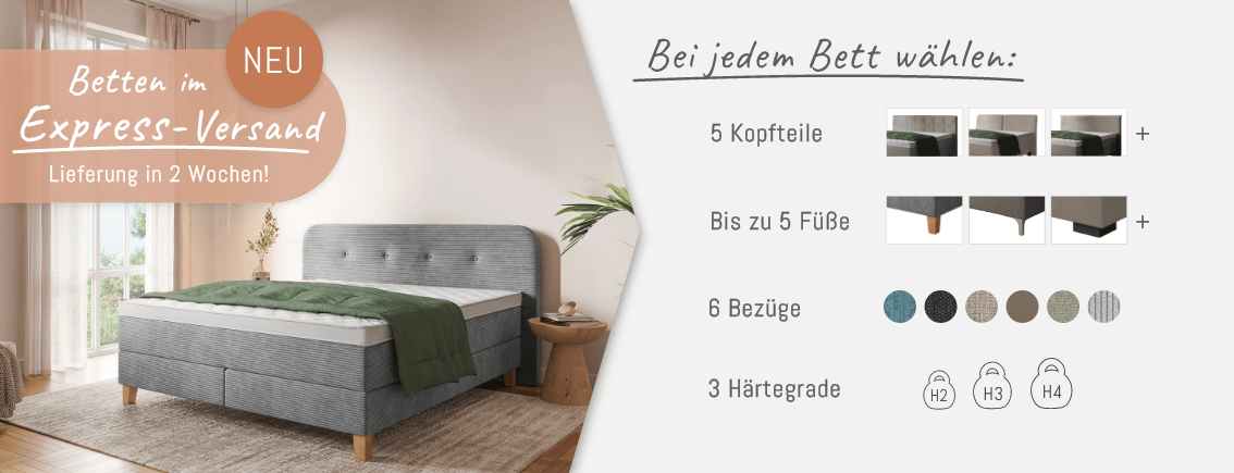 Boxspringbett sofort lieferbar Modernes graues Boxspringbett in hellem Schlafzimmer mit Text zu Express-Versand in 2 Wochen und Auswahlmöglichkeiten für Kopfteil, Füße, Bezüge und Härtegrade