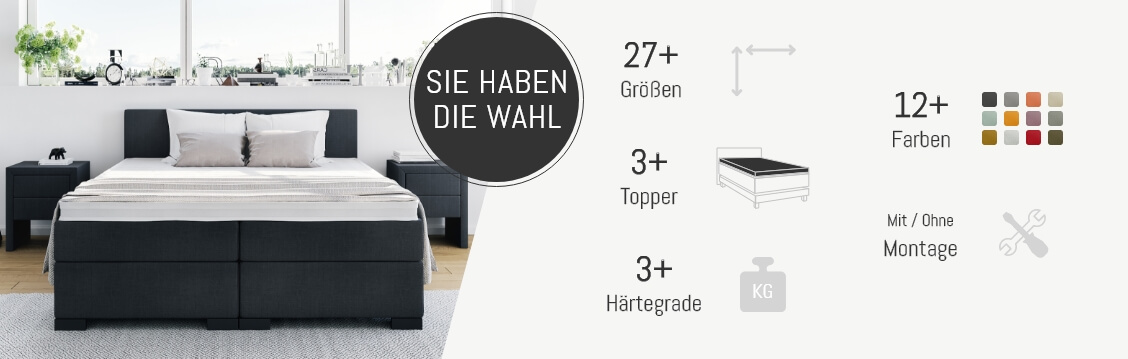 Schlafzimmer mit Boxspringbett in Schwarz, Text 'Sie haben die Wahl', Auswahlmöglichkeiten: über 27 Größen, mehr als 3 Topper, 3 Härtegrade, 12+ Farben, mit oder ohne Montage